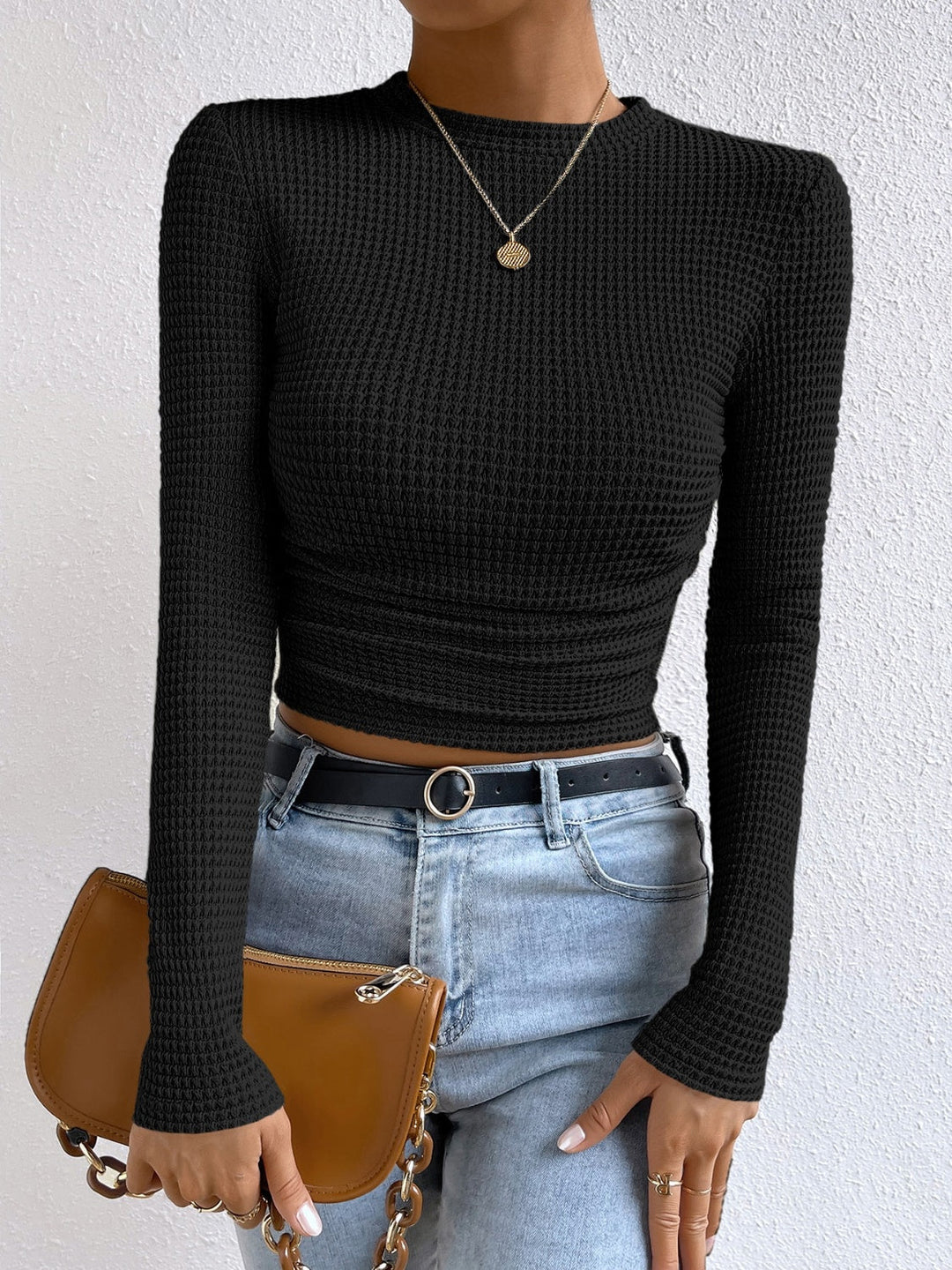 Monica elegante - Camicia casual a maniche lunghe e scollo rotondo per l'autunno per donne