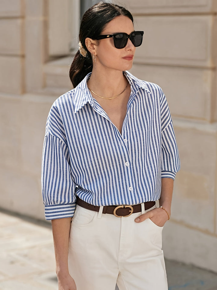 Elegant blue and white striped shirt for women - Clara Collection