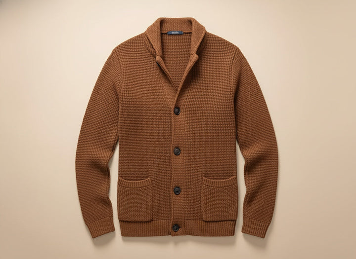 Men’s wool cardigan with a buttoned shawl collar for autumn
