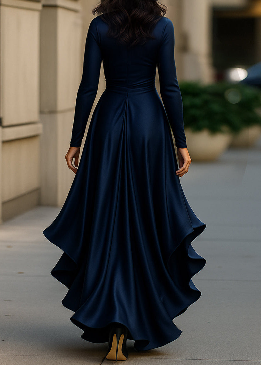Robe portefeuille femme en satin pour l’automne à manches longues et ourlet asymétrique