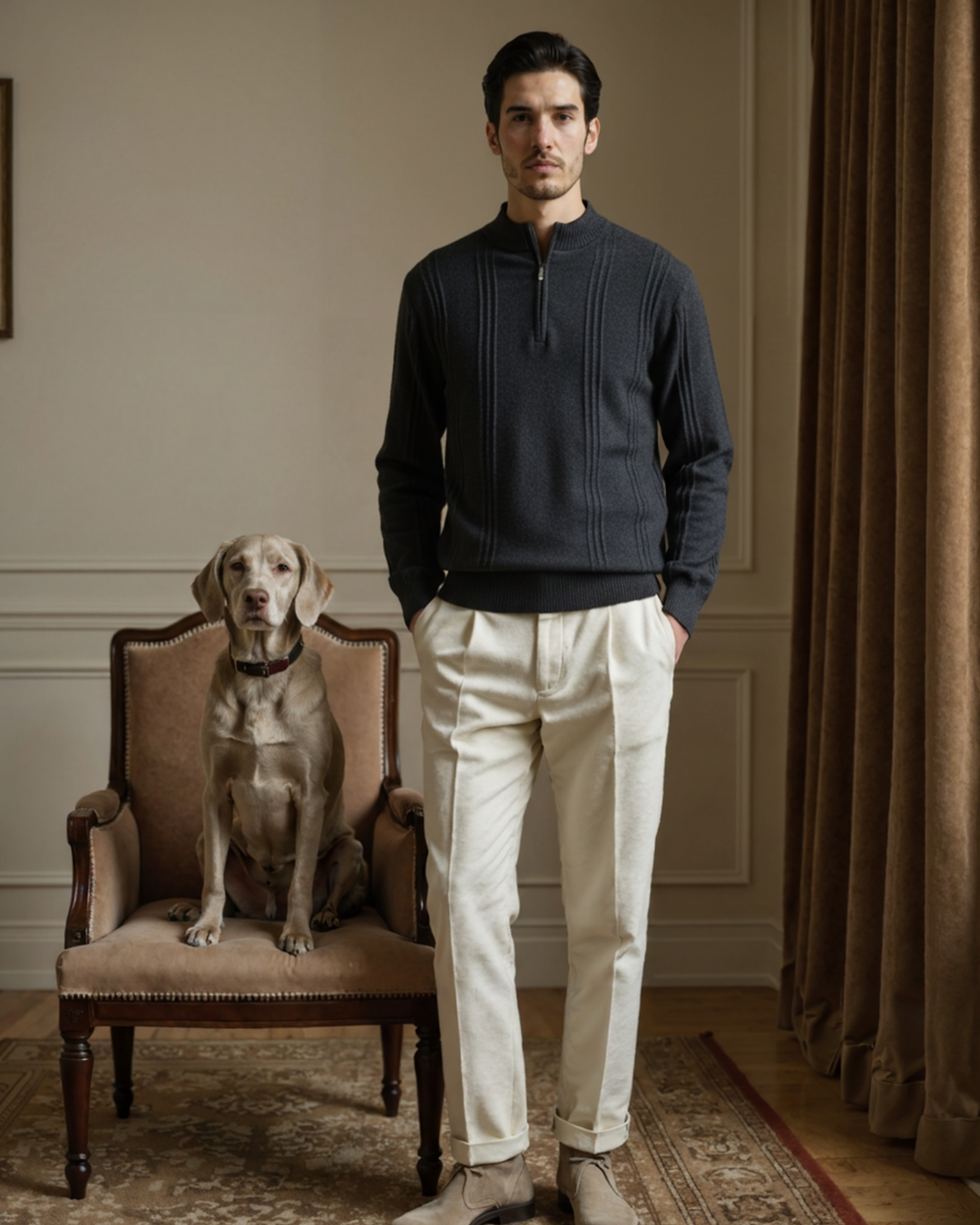 Men’s ribbed cashmere sweater with a stand-up collar and zipper, for autumn
