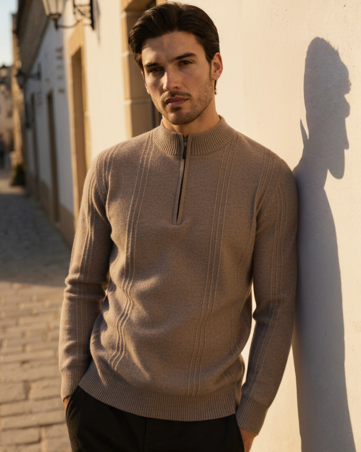 Men’s ribbed cashmere sweater with a stand-up collar and zipper, for autumn