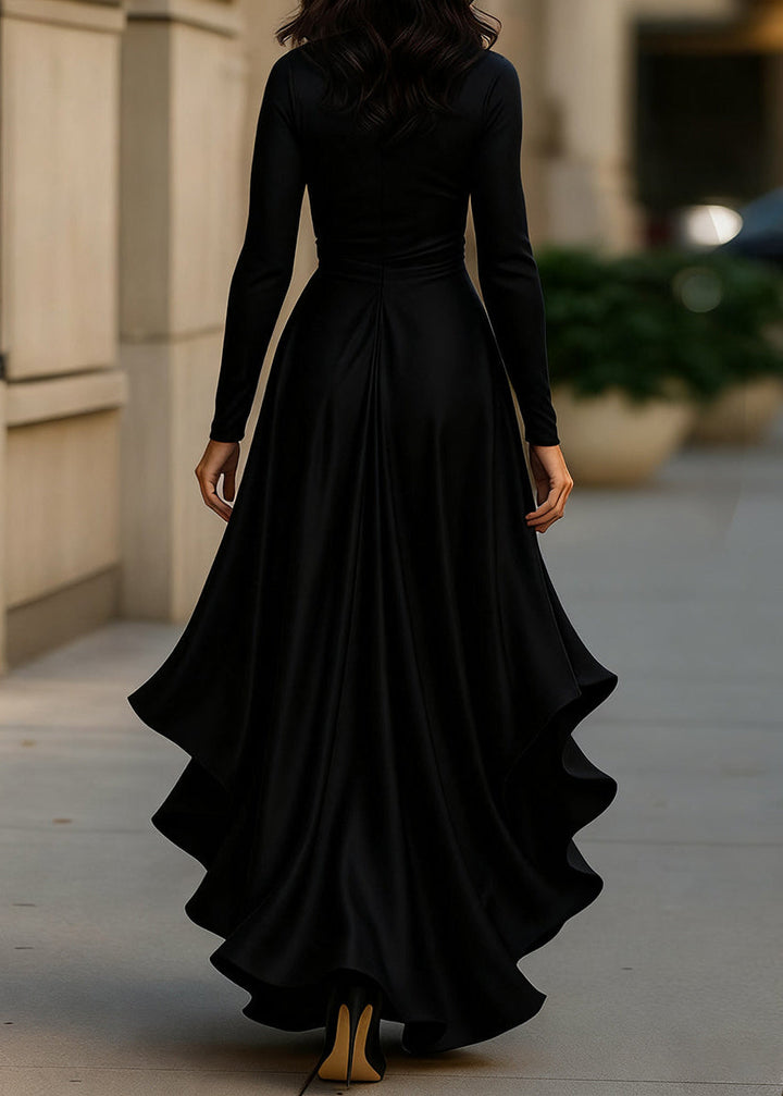 Robe portefeuille femme en satin pour l’automne à manches longues et ourlet asymétrique
