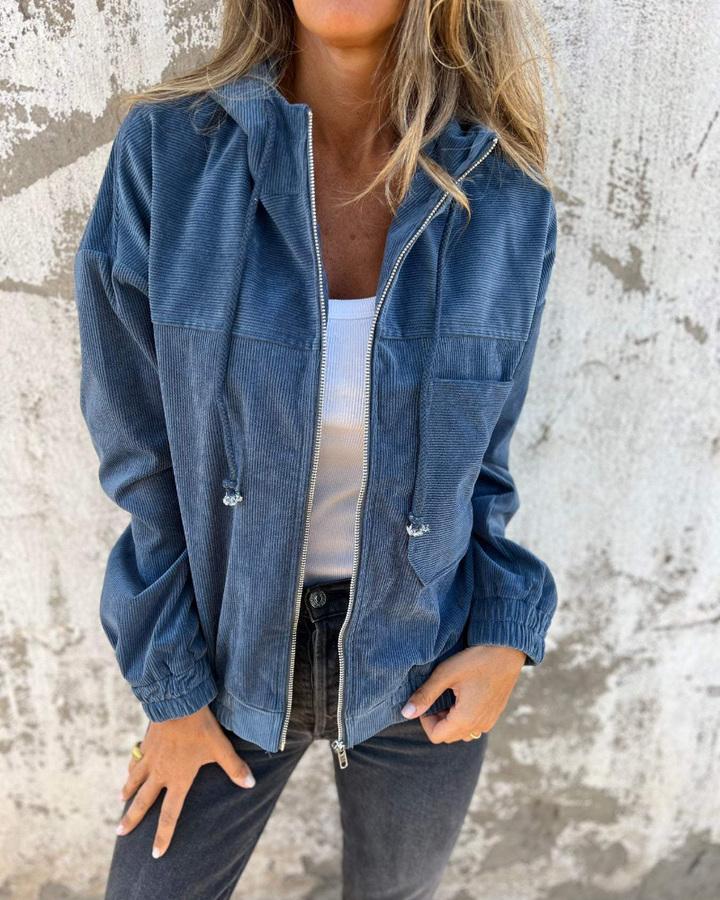 Veste pour femme en velours côtelé à capuche pour l'automne, décontractée et confortable