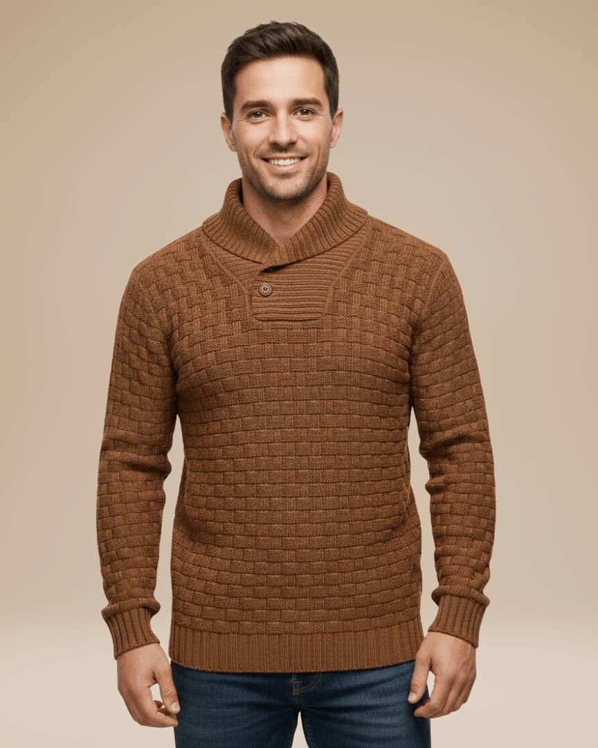 Pull homme en laine à col châle, maille panier, style automnal