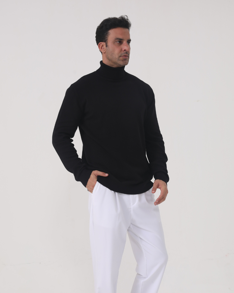 Pull élégant en maille à col roulé pour homme, en coton, pour l’automne
