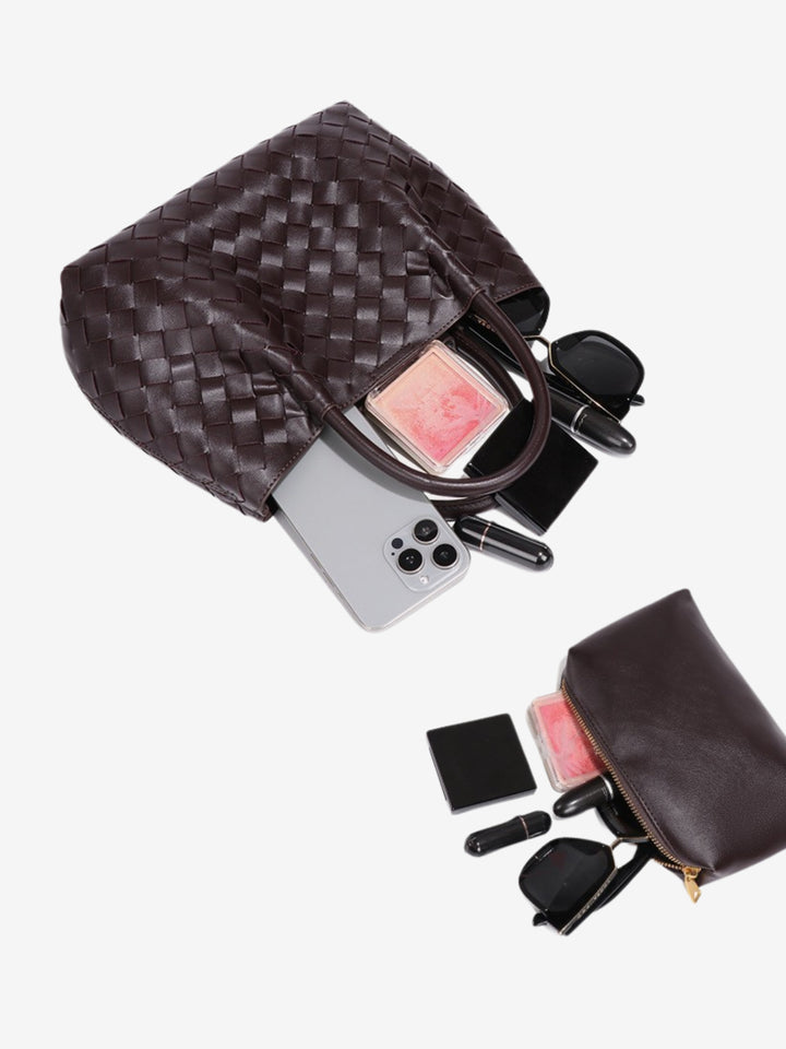 Large woven leather shoulder bag for women, autumn collection