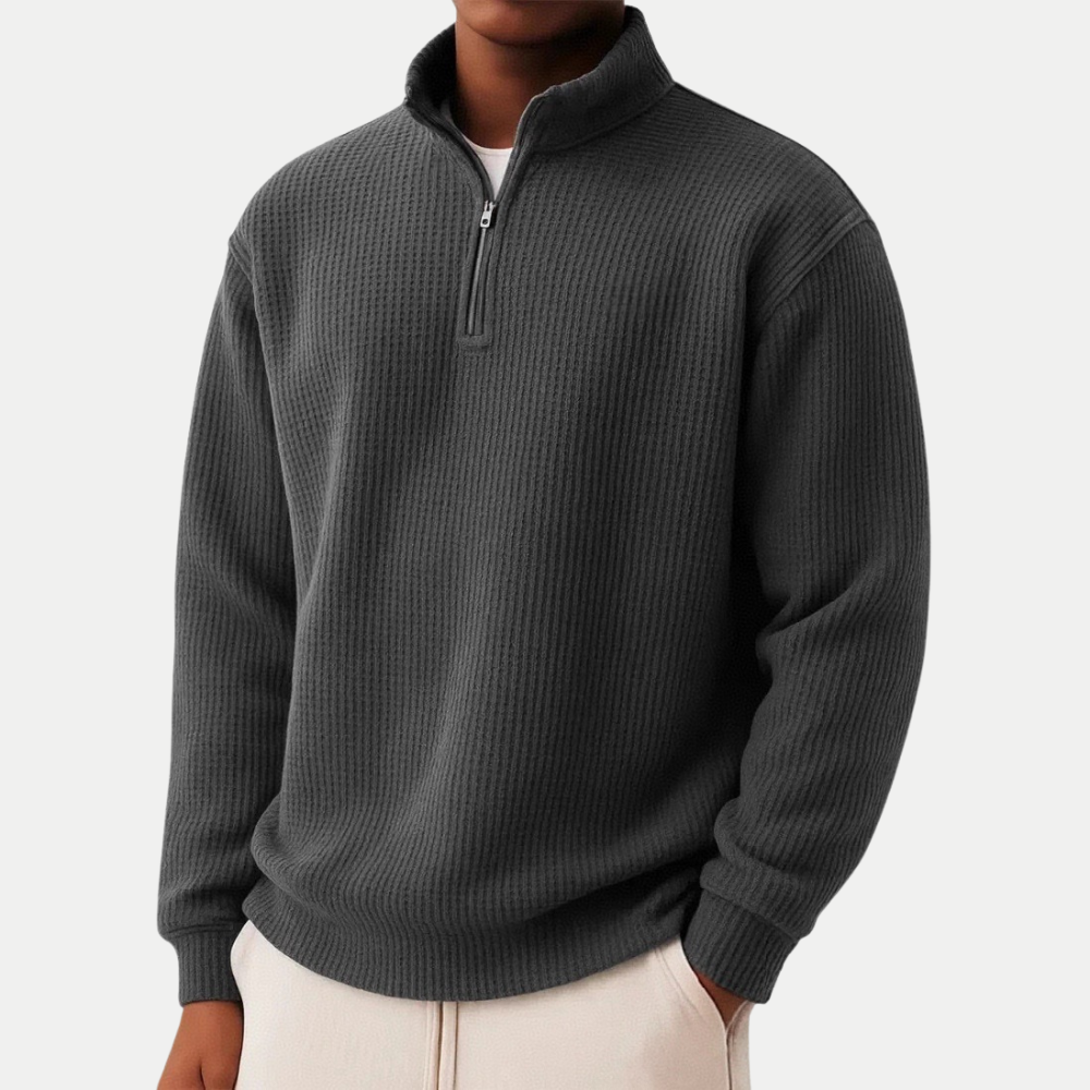 Pull en laine pour homme à col zippé, côtelé, décontracté d’automne