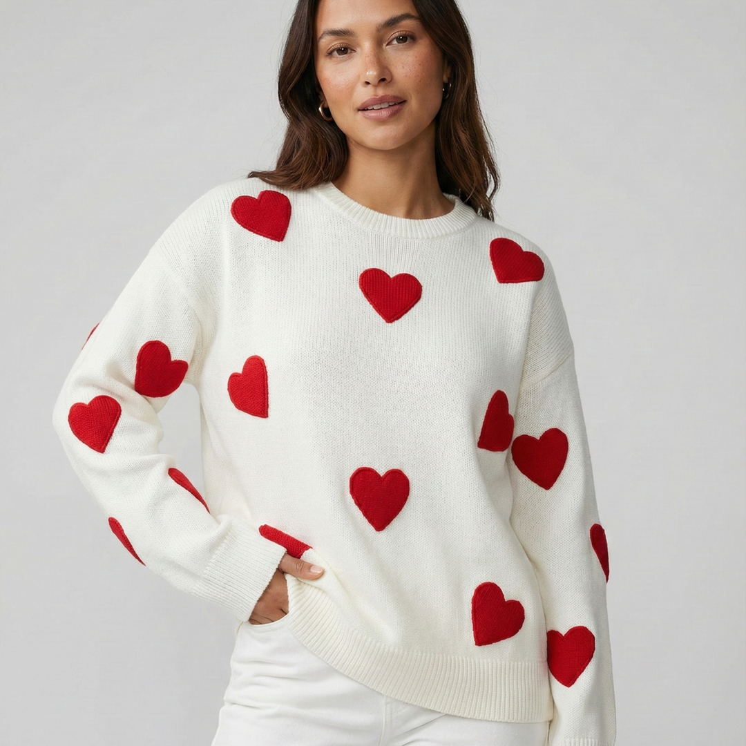 Pulover de damă casual din tricot de lână, cu croială lejeră, pentru toamnă, cu motiv în formă de inimă