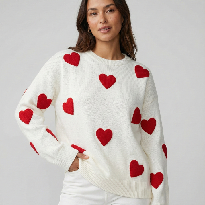 Pulover de damă casual din tricot de lână, cu croială lejeră, pentru toamnă, cu motiv în formă de inimă