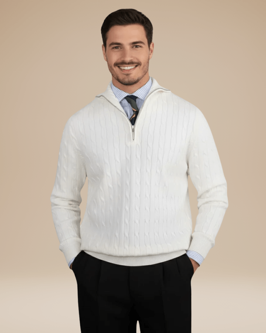 Pull homme en laine à torsades, col montant zippé, automne