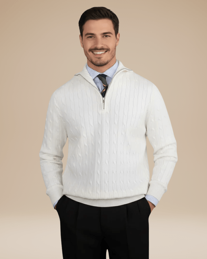 Pull homme en laine à torsades, col montant zippé, automne