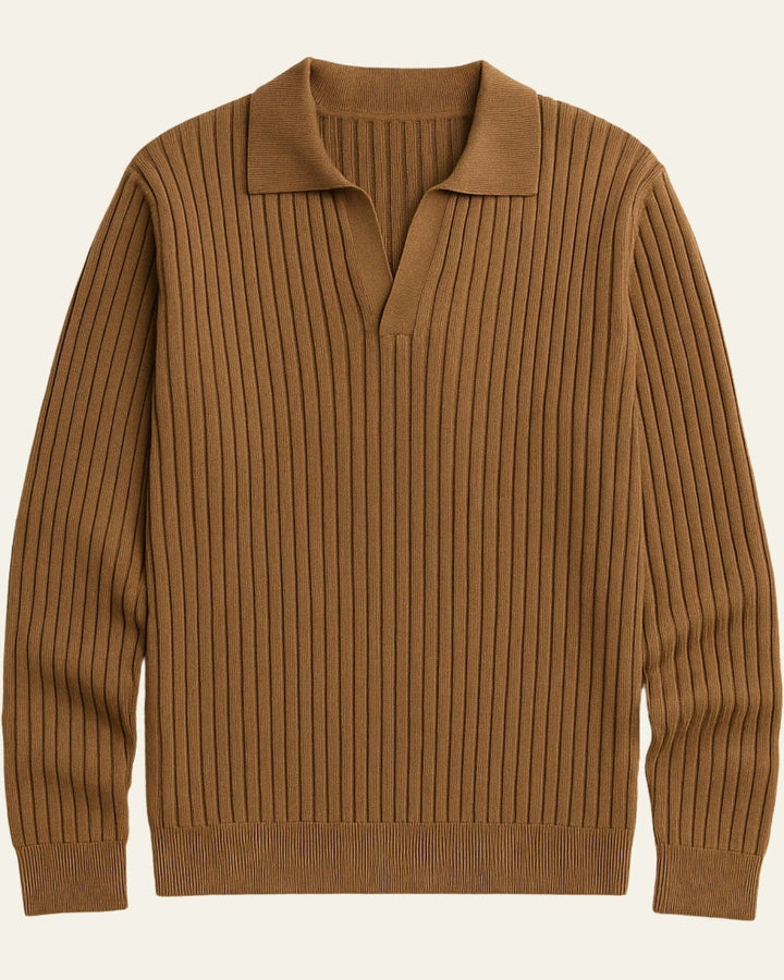 Polo da uomo a maniche lunghe in maglia di cotone a coste per l’autunno