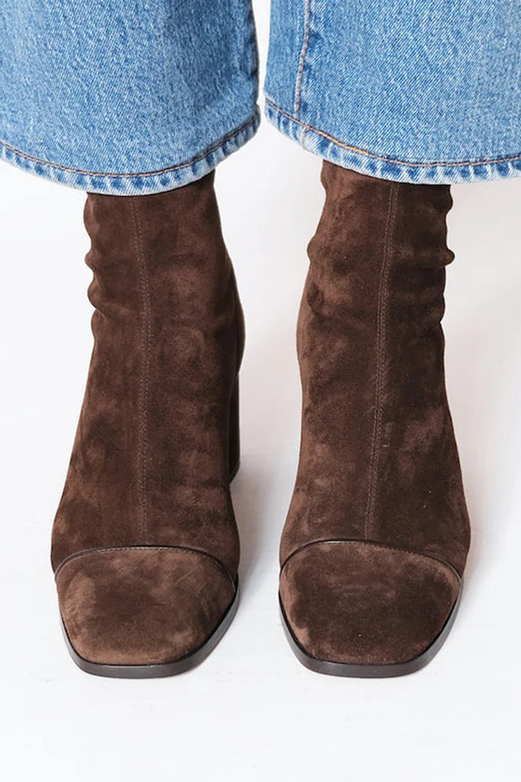 Bottes d’automne pour femme en cuir à talon bloc et bout carré