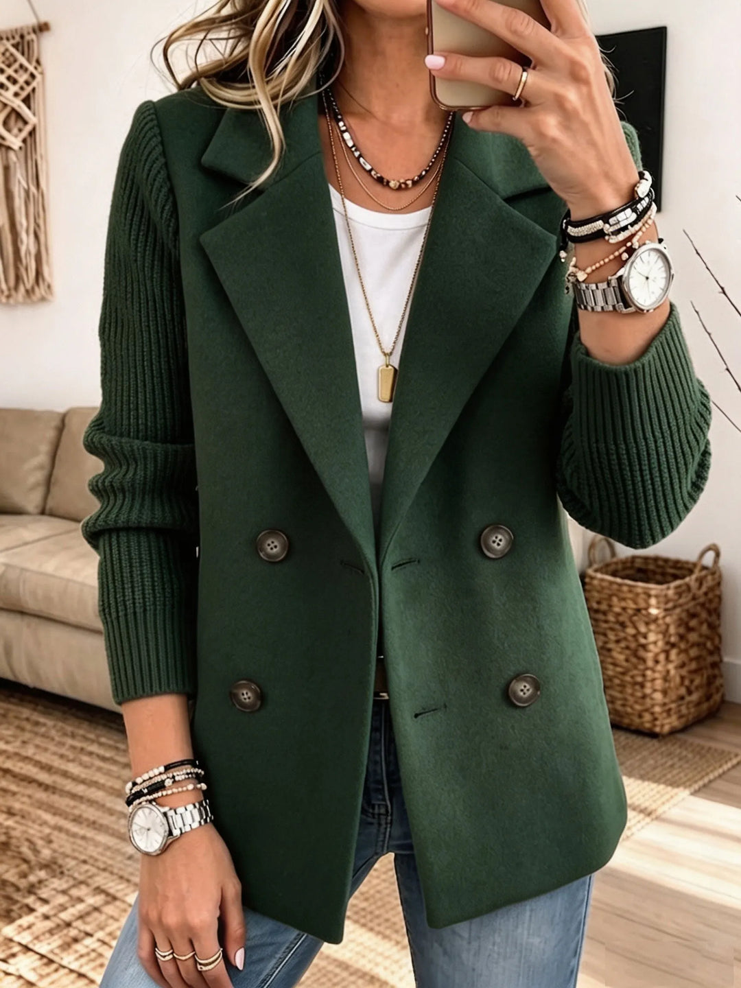 Veste blazer femme croisée en coton mélangé à manches en maille côtelée pour l’automne