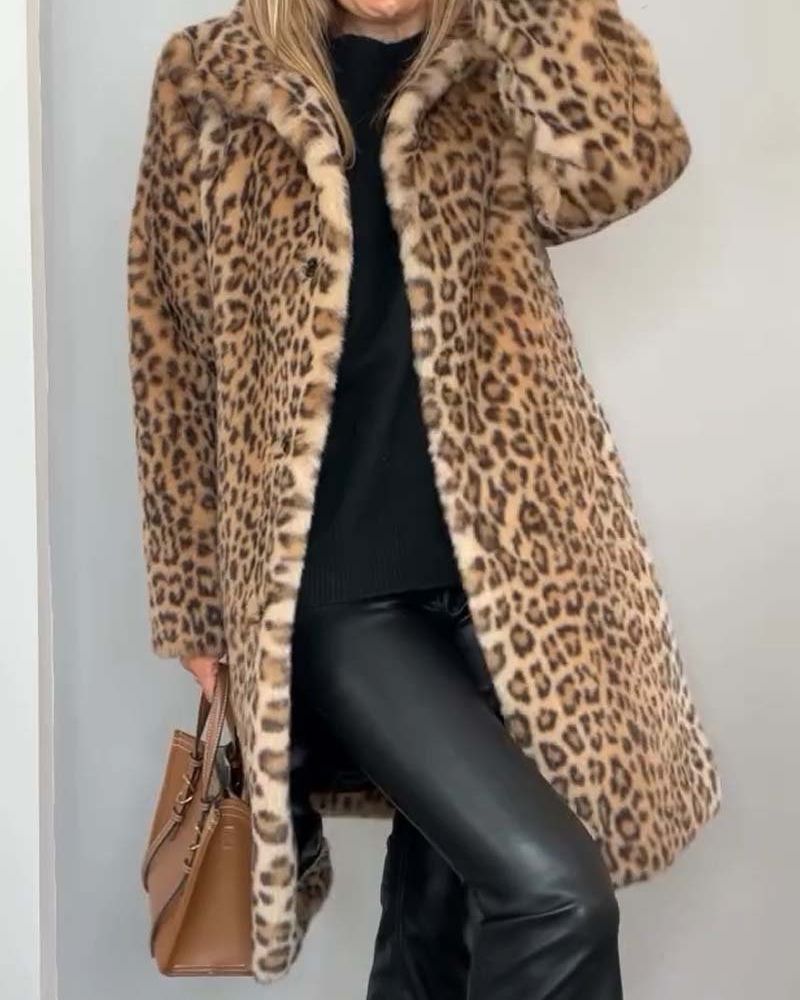 Manteau long pour femme à motif léopard avec laine, cape automnale