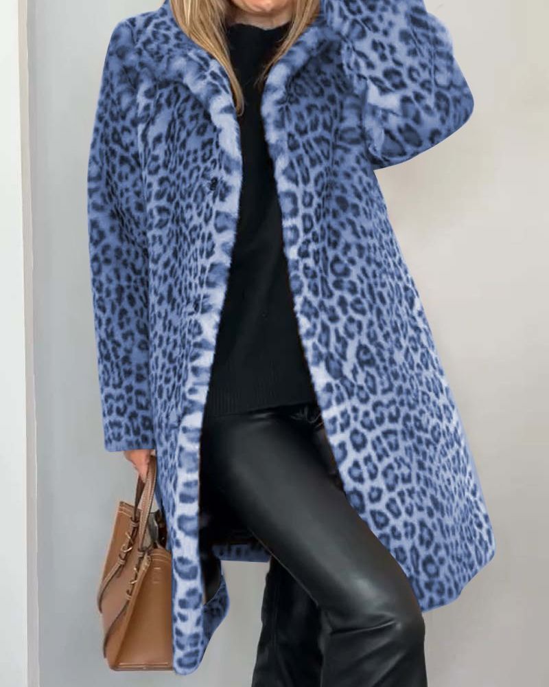 Manteau long pour femme à motif léopard avec laine, cape automnale