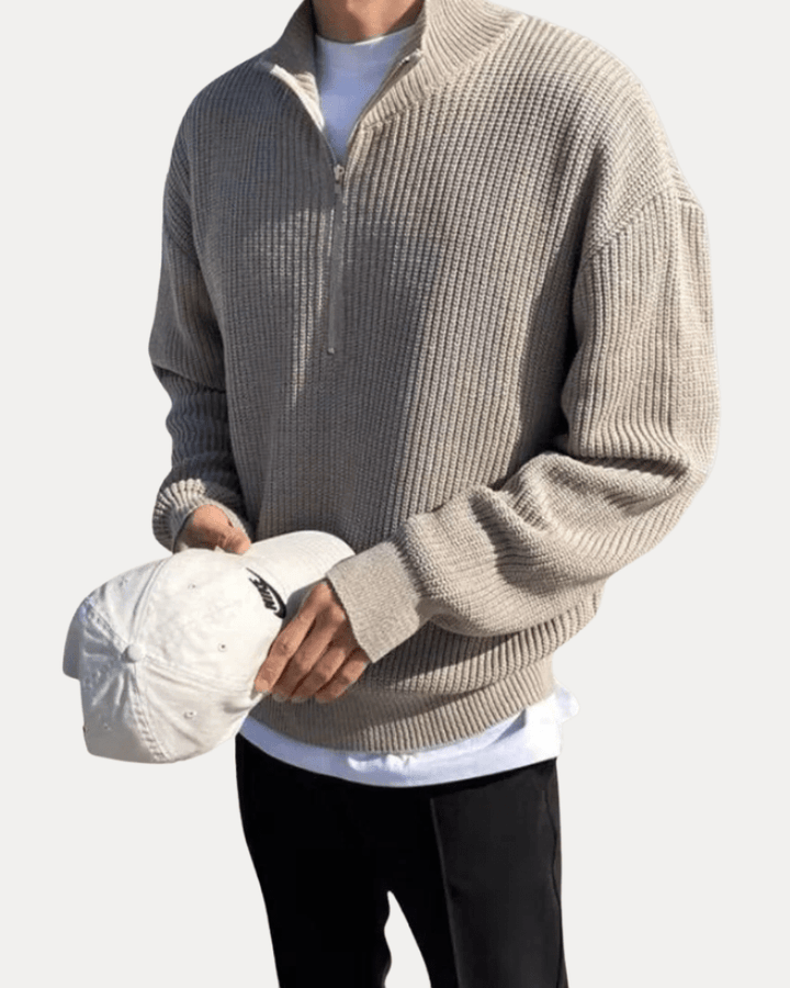 Pull en laine pour homme à col montant zippé, idéal pour l’automne