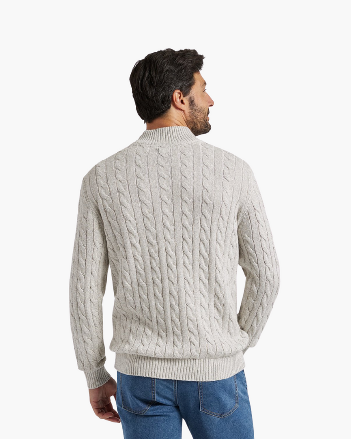 Men’s cotton cable-knit sweater with a stand-up collar and zipper, for autumn