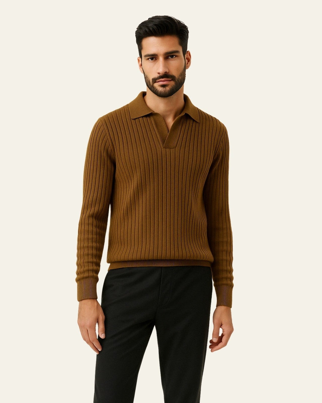 Polo da uomo a maniche lunghe in maglia di cotone a coste per l’autunno