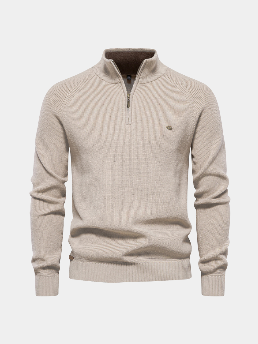 Men’s ribbed cotton sweater with a stand-up collar and zipper, for autumn