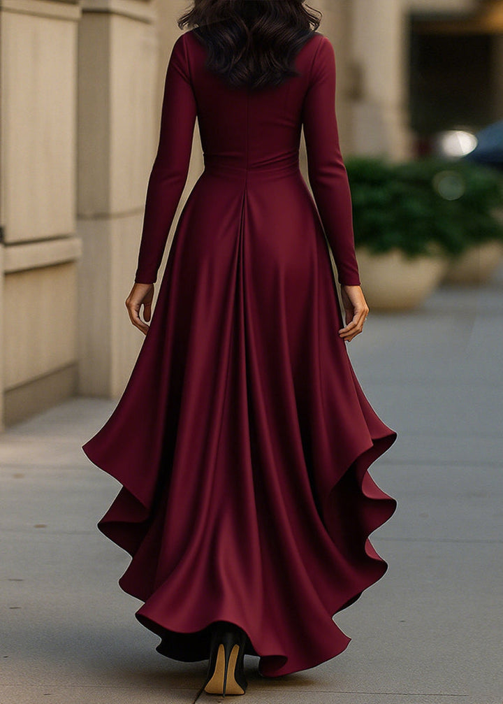 Robe portefeuille femme en satin pour l’automne à manches longues et ourlet asymétrique