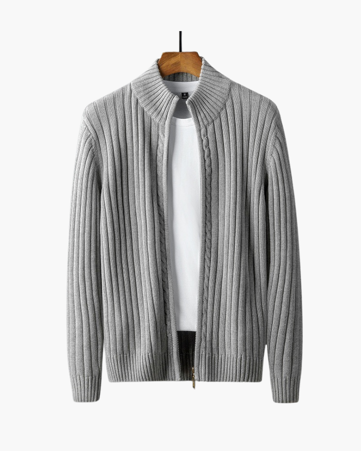 Men's wool zip-up cardigan with a stand collar for autumn