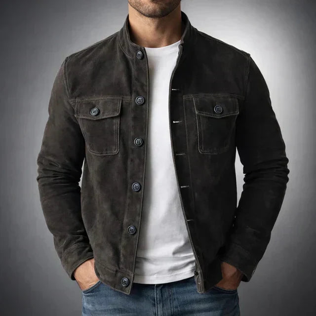 Giacca militare casual da uomo in pelle scamosciata, ideale per l’autunno