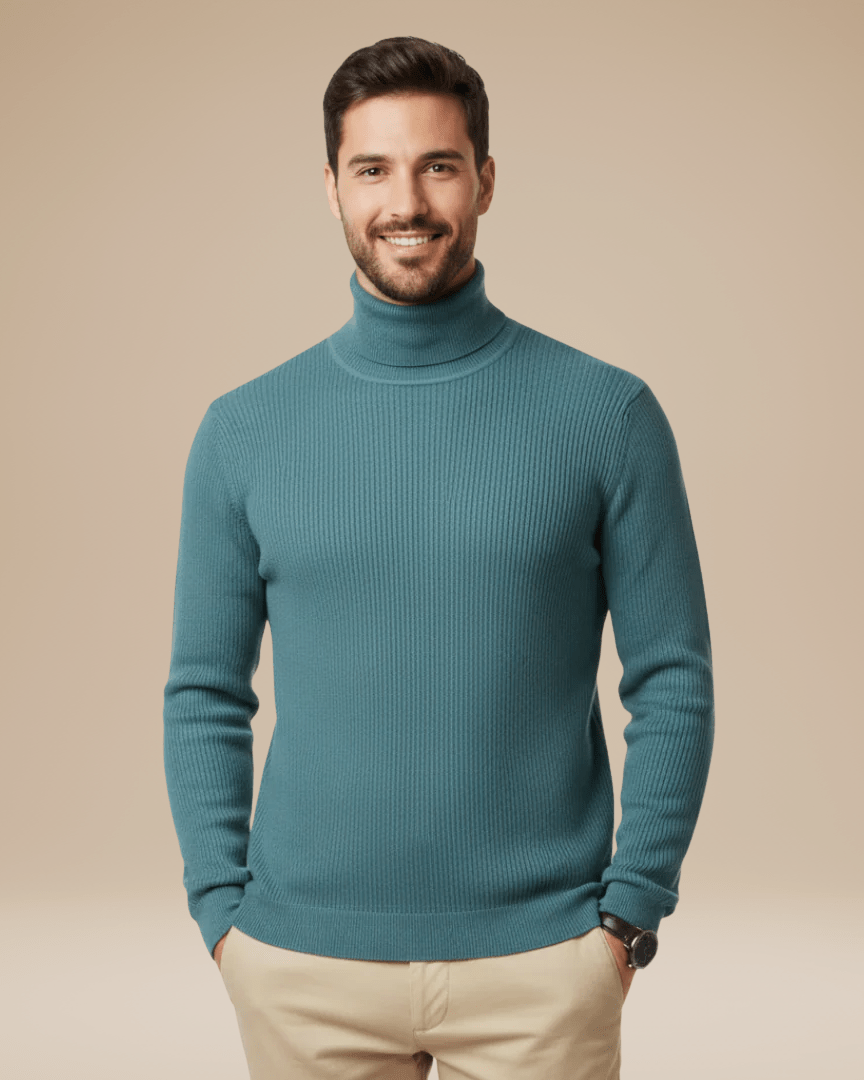 Pull à col roulé pour homme en coton, ajusté et côtelé, pour l’automne
