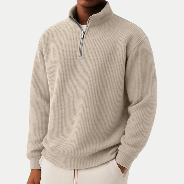 Pull en laine pour homme à col zippé, côtelé, décontracté d’automne