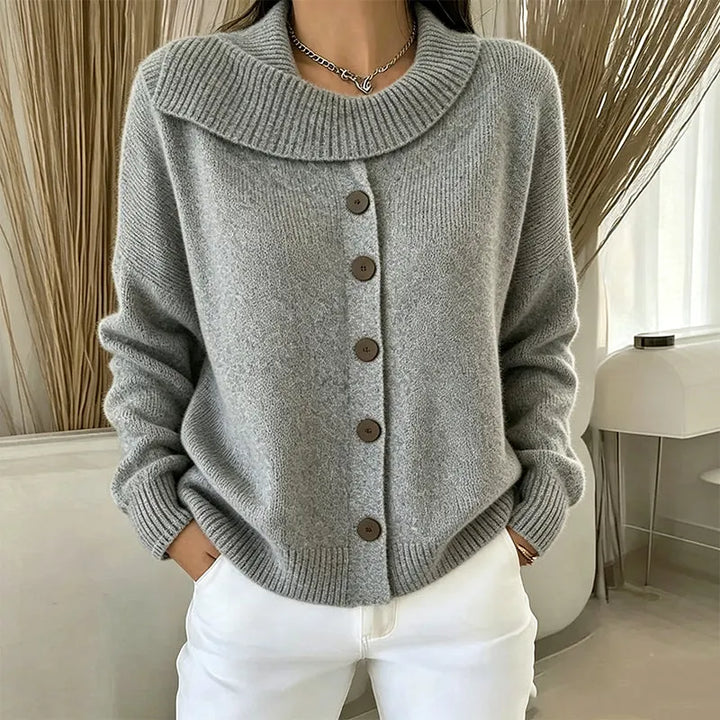 Cardigan femme en maille à grand col, gilet boutonné élégant et confortable pour l’automne