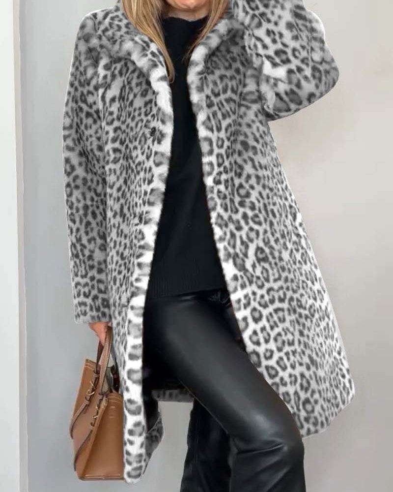 Manteau long pour femme à motif léopard avec laine, cape automnale