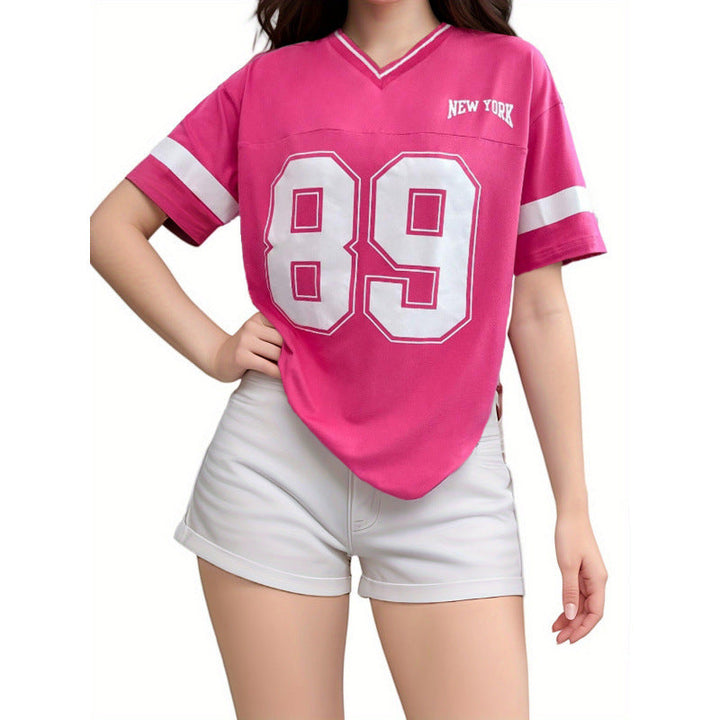 T-shirt en polyester pour femme style football américain col en V toutes saisons