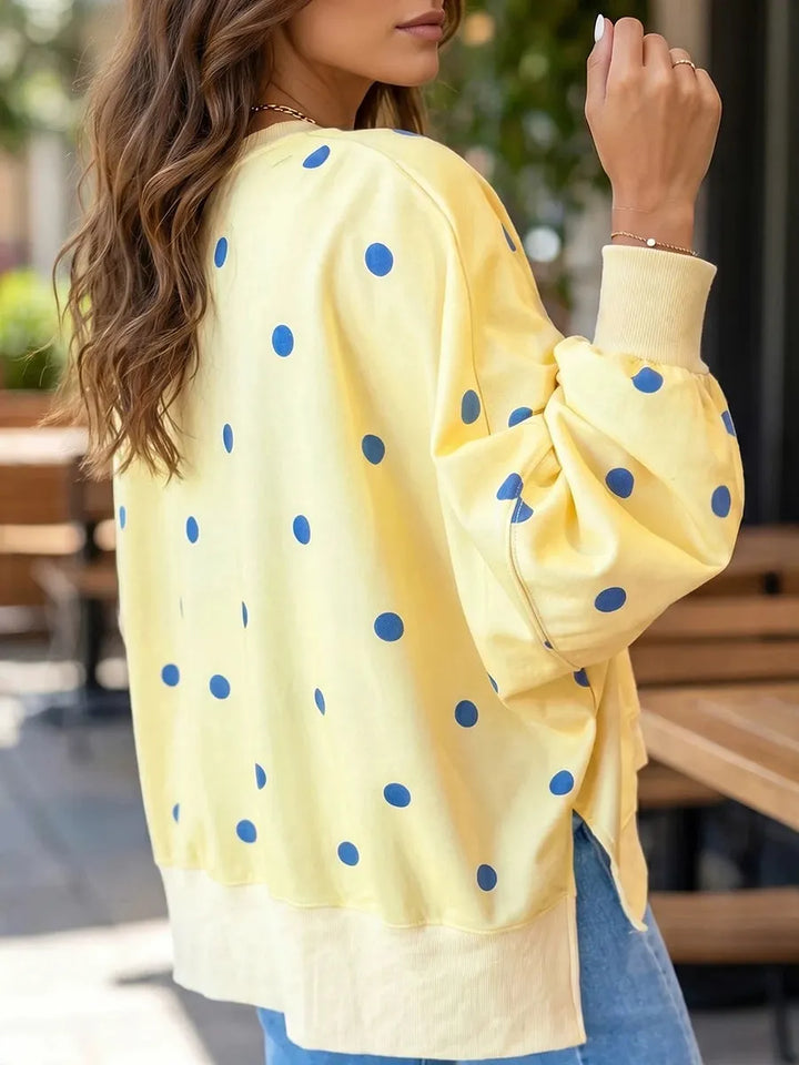 Sweat-shirt femme à pois en coton mélangé, sweat ample col rond et doux pour l’automne