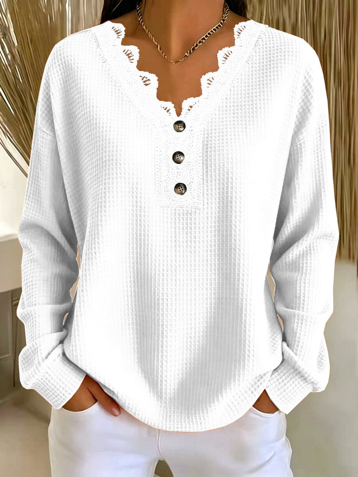 Blouse femme à manches longues en maille gaufrée, col V en dentelle et boutons pour l’automne