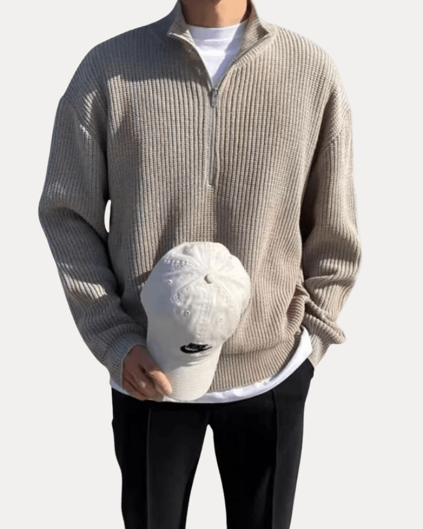 Pull en laine pour homme à col montant zippé, idéal pour l’automne