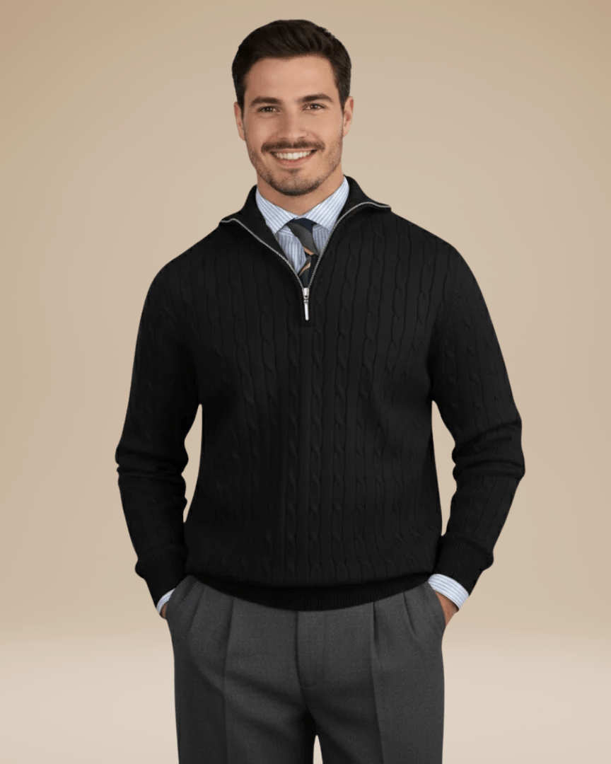 Pull homme en laine à torsades, col montant zippé, automne