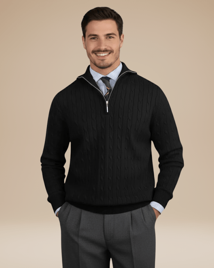 Pull homme en laine à torsades, col montant zippé, automne