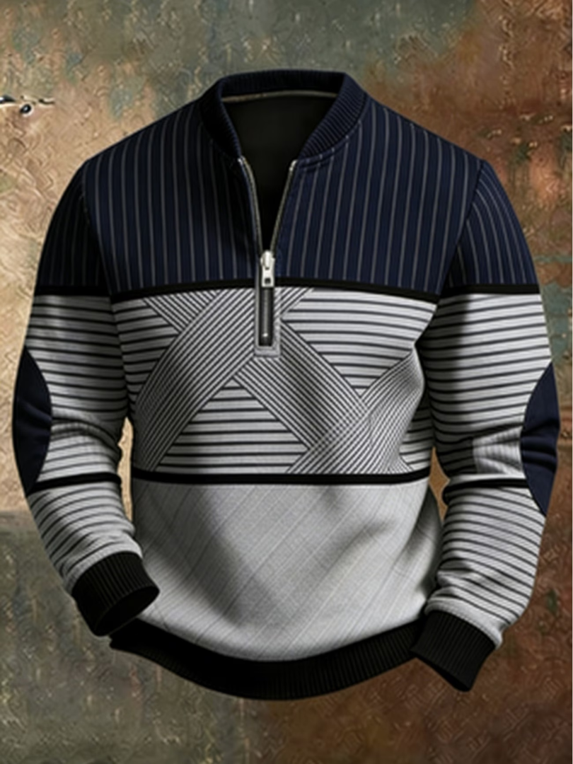 Sweat-shirt homme demi-zip à col montant et motif géométrique, pull décontracté pour l’automne