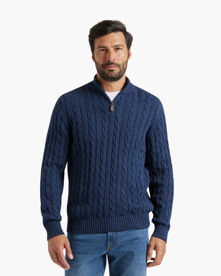 Men’s cotton cable-knit sweater with a stand-up collar and zipper, for autumn