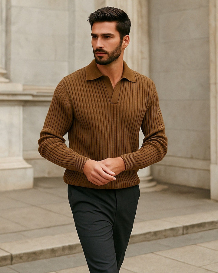 Polo da uomo a maniche lunghe in maglia di cotone a coste per l’autunno
