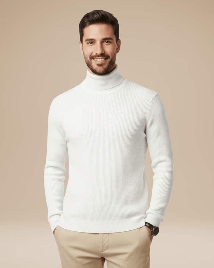 Pull à col roulé pour homme en coton, ajusté et côtelé, pour l’automne