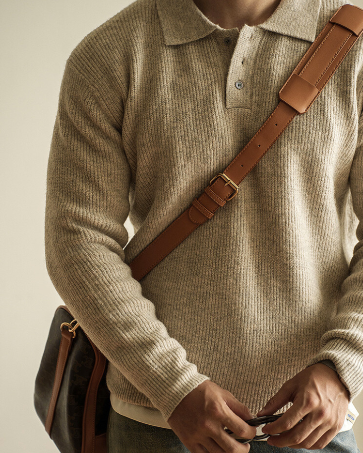 Pull polo homme en coton, maille extensible, d’automne, à manches longues