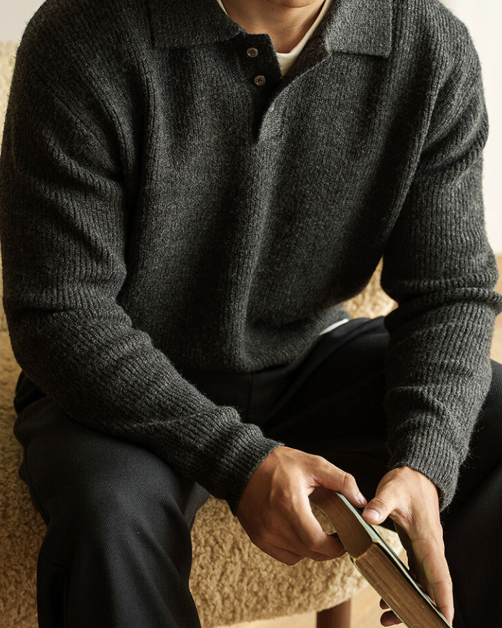 Pull polo homme en coton tricoté côtelé à manches longues pour l’automne