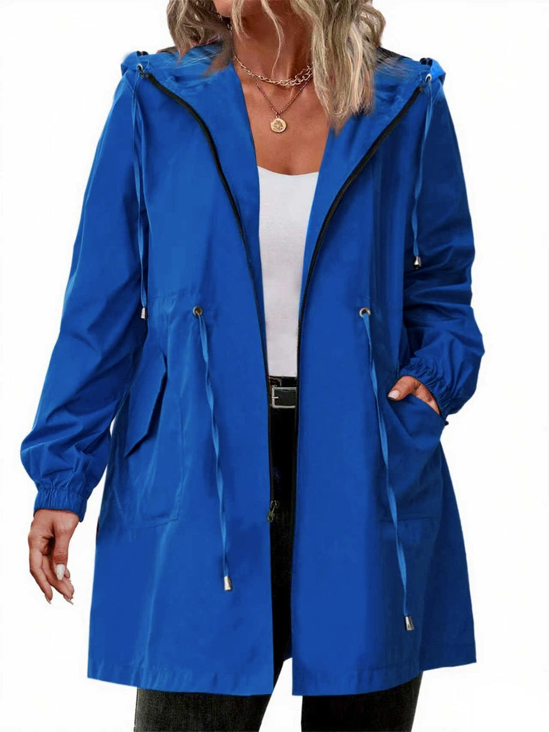 Giacca antipioggia da donna per taglie forti, con cappuccio in poliestere, leggera e casual per l’autunno