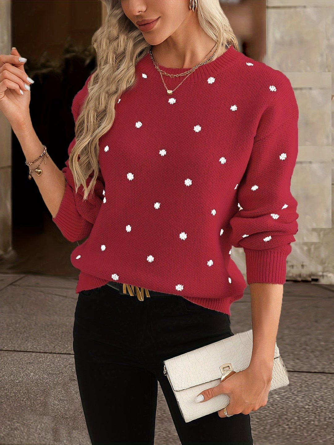 Pull en maille pour femme à pois col rond chaud automne-hiver doux