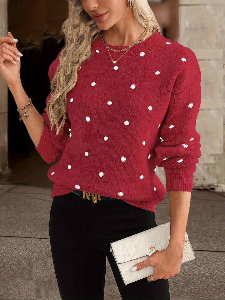 Pull en maille pour femme à pois col rond chaud automne-hiver doux