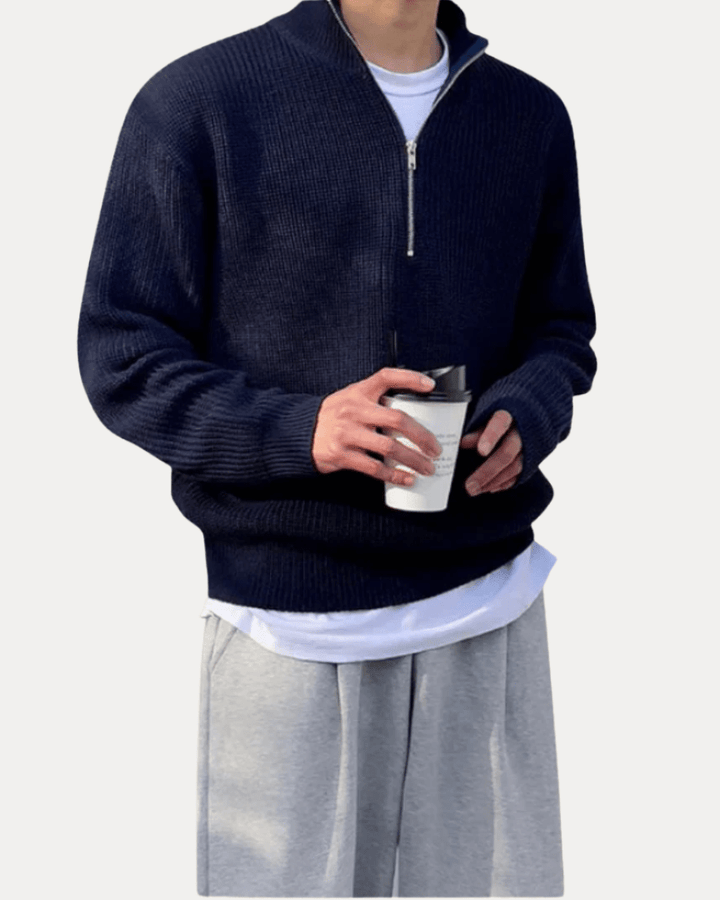 Pull en laine pour homme à col montant zippé, idéal pour l’automne