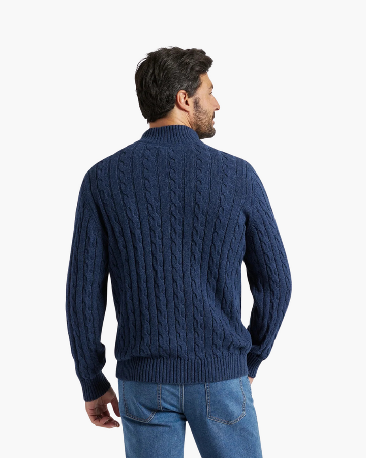Men’s cotton cable-knit sweater with a stand-up collar and zipper, for autumn