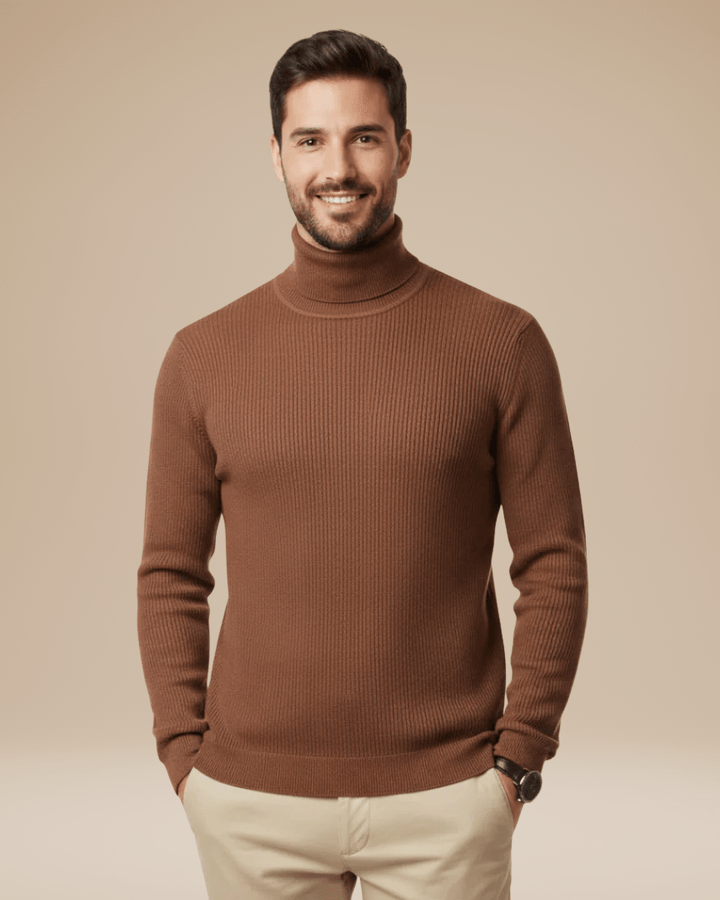 Pull à col roulé pour homme en coton, ajusté et côtelé, pour l’automne